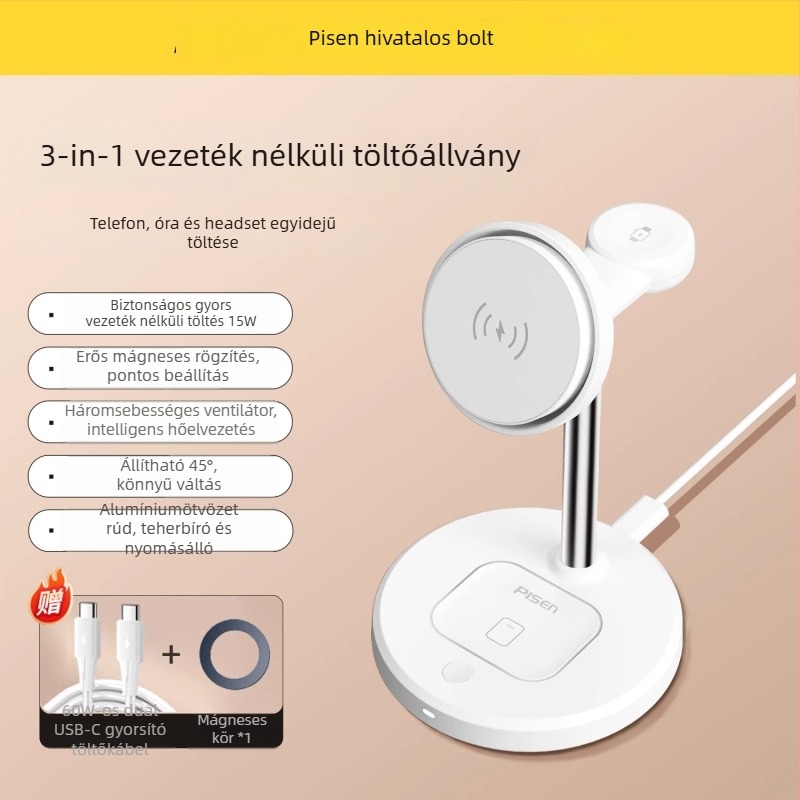 Pisen 3-in-1 vezeték nélküli töltő iPhone 15 Pro-hoz, Bluetooth fülhallgató és okosóra számára – PD, Mágneses töltés, 22.5W (5V/3A)