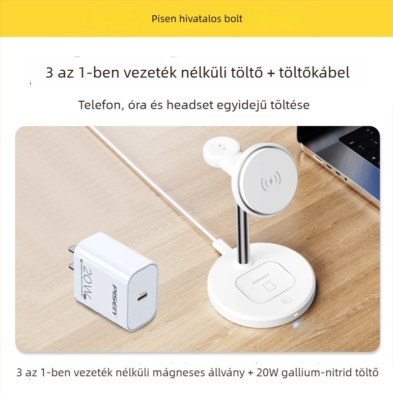 Pisen 3-in-1 vezeték nélküli töltő iPhone 15 Pro-hoz, Bluetooth fülhallgató és okosóra számára – PD, Mágneses töltés, 22.5W (5V/3A)