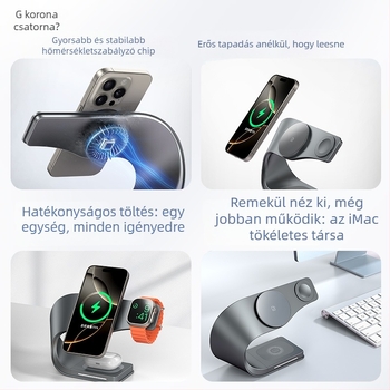 3-az-1-ben összecsukható forgó vezeték nélküli töltő Apple iPhone-hoz – mágneses fém tartó, PD gyorstöltés, 15W/5W/2.5W (összesen 22.5W)