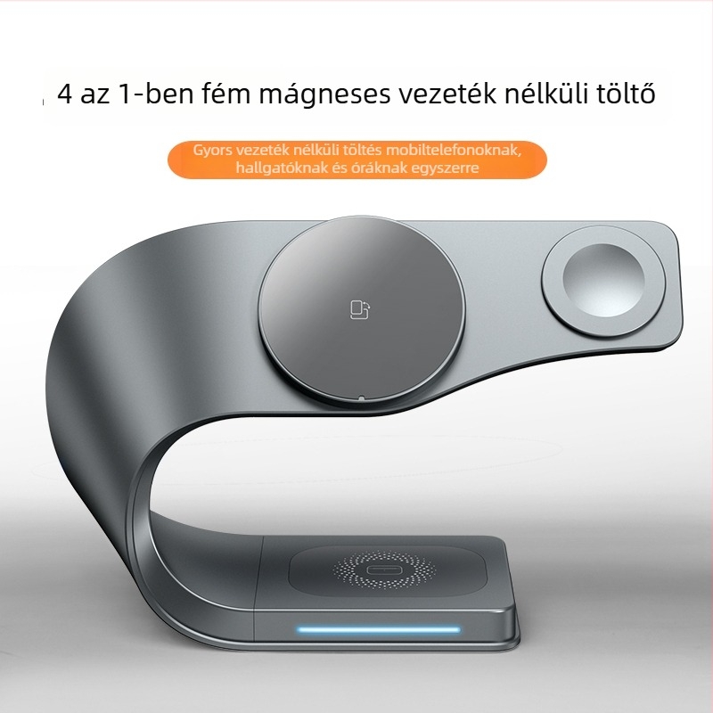3-az-1-ben összecsukható forgó vezeték nélküli töltő Apple iPhone-hoz – mágneses fém tartó, PD gyorstöltés, 15W/5W/2.5W (összesen 22.5W)