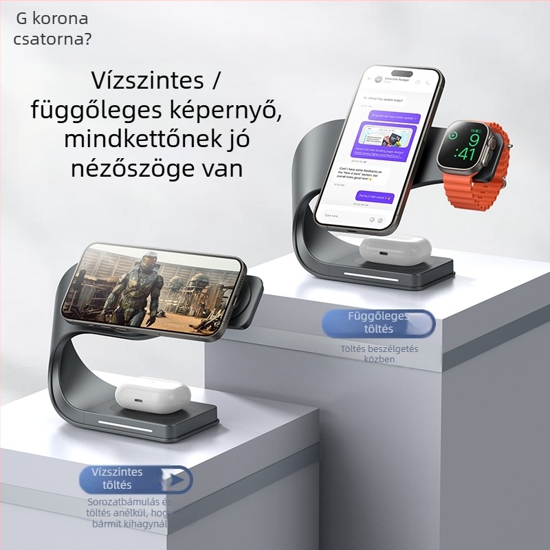 3-az-1-ben összecsukható forgó vezeték nélküli töltő Apple iPhone-hoz – mágneses fém tartó, PD gyorstöltés, 15W/5W/2.5W (összesen 22.5W)