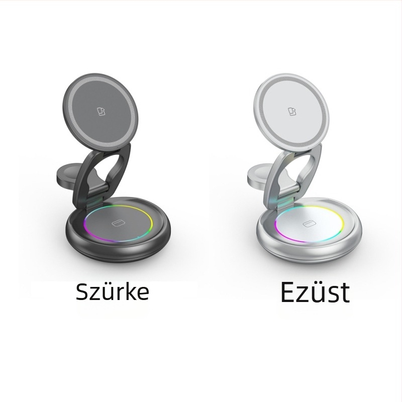 3-az-1-ben összecsukható forgó vezeték nélküli töltő Apple iPhone-hoz – mágneses fém tartó, PD gyorstöltés, 15W/5W/2.5W (összesen 22.5W)