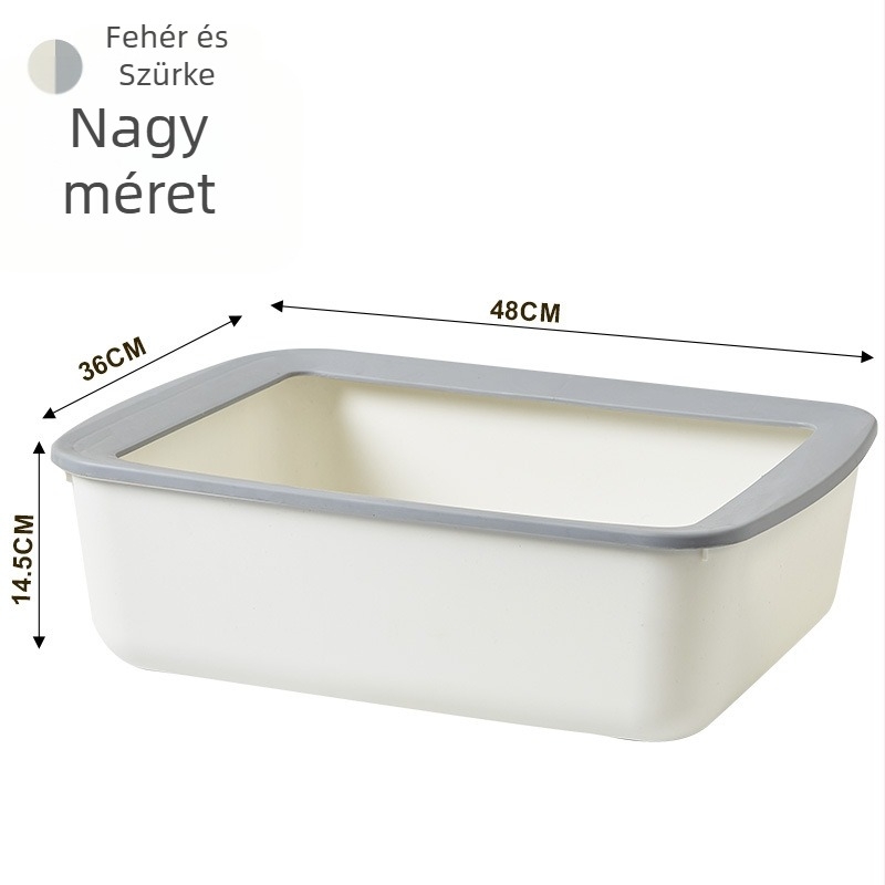 Extra nagy PP műanyag macskatálca, anti‑fröccsenés, nagy méretű, félig zárt kialakítás.