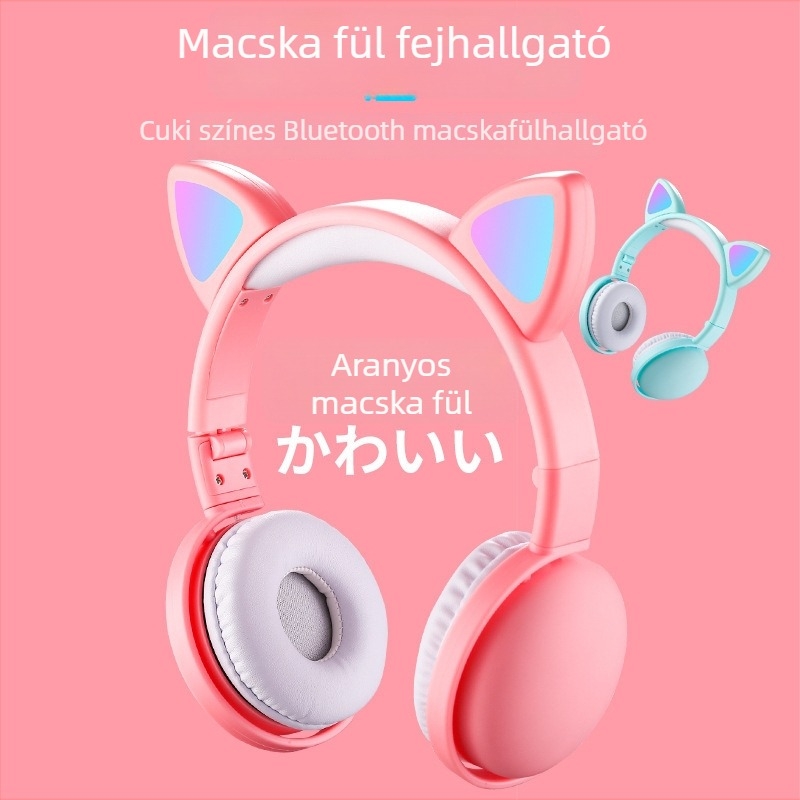Fejre helyezhető Bluetooth fejhallgató világító macskafül dizájnnal, BT 5.3, 15 m hatótávolság, akkumulátor üzemideje >8 óra, PC+ABS anyag, vízálló kivitel