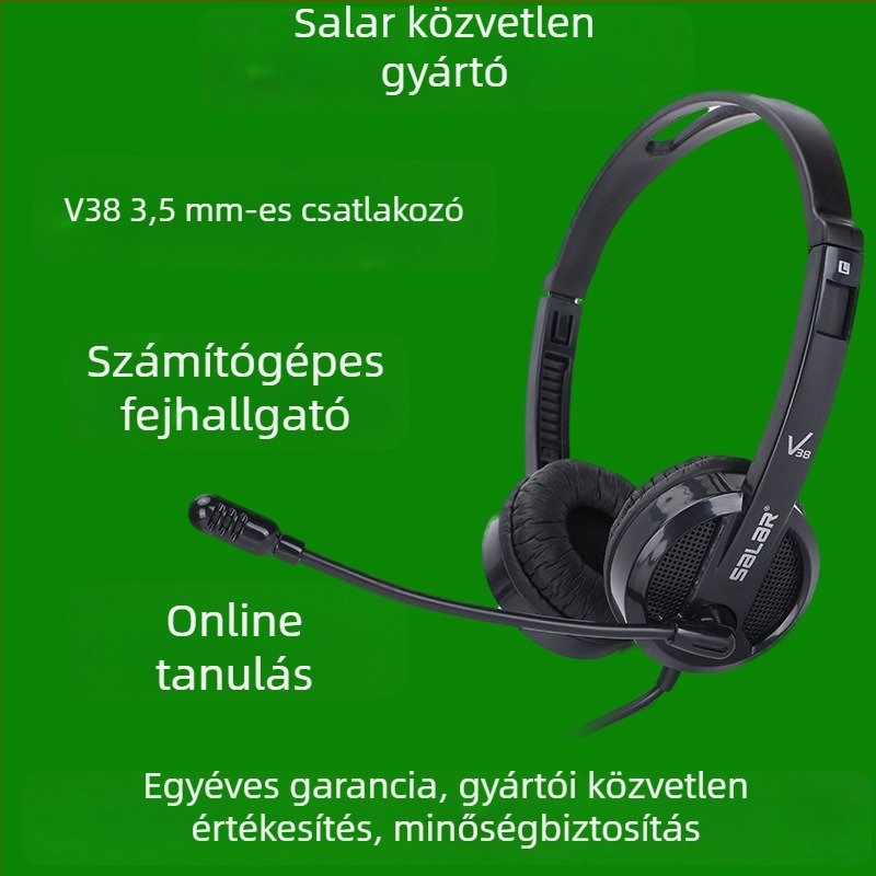 V38 vezetékes PC fejhallgató mikrofonnal, 30 mm meghajtókkal, 20–20000 Hz frekvenciatartomány, 2 m kábel