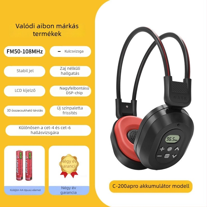 C-200A Vezeték nélküli FM fejhallgató egyetemi angol CET-4/6 vizsgákhoz, frekvenciasáv 50-108 Hz, impedancia 32 Ω, érzékenység 108 dB/mW, 3,5 mm csatlakozó