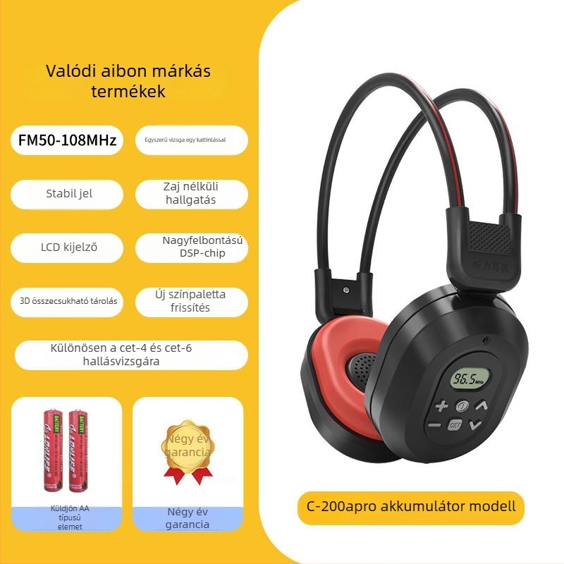 C-200A Vezeték nélküli FM fejhallgató egyetemi angol CET-4/6 vizsgákhoz, frekvenciasáv 50-108 Hz, impedancia 32 Ω, érzékenység 108 dB/mW, 3,5 mm csatlakozó