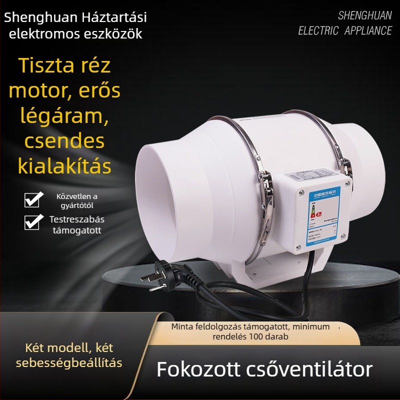 Csatornázott kipufogóventilátor – erős és csendes, háztartási konyhai szellőztetéshez,modell SL-100-1, 220V, 35–160W, csőnyomás típus