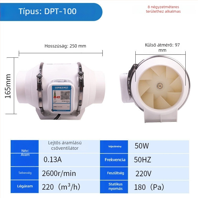 Csatornázott kipufogóventilátor – erős és csendes, háztartási konyhai szellőztetéshez,modell SL-100-1, 220V, 35–160W, csőnyomás típus