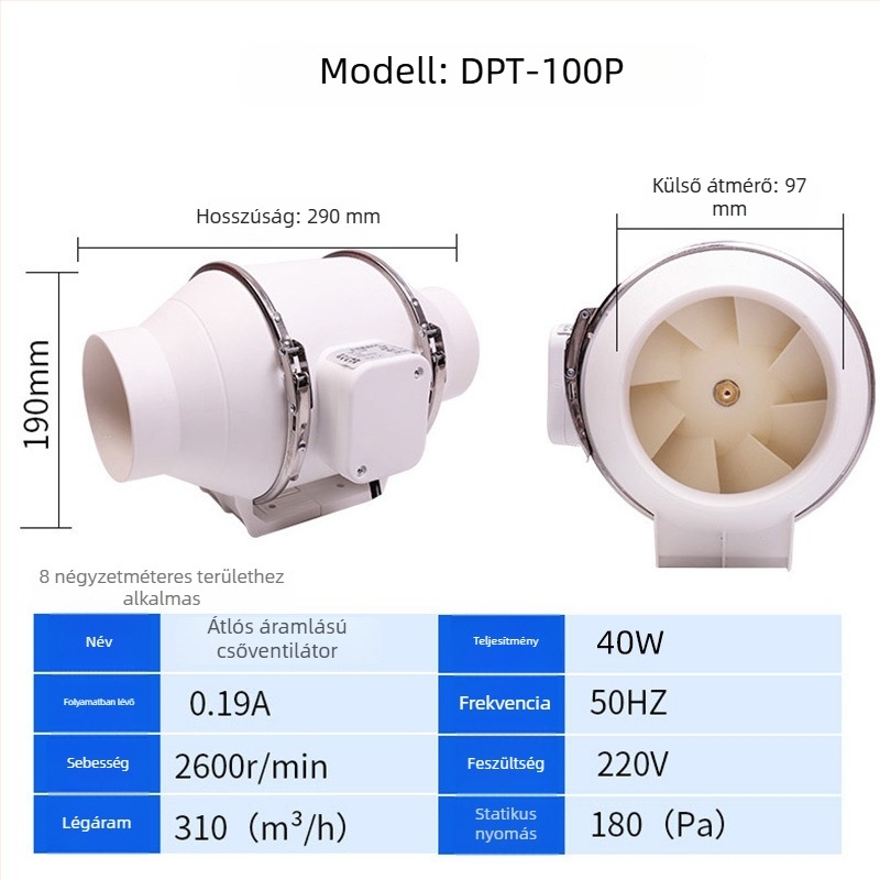 Csatornázott kipufogóventilátor – erős és csendes, háztartási konyhai szellőztetéshez,modell SL-100-1, 220V, 35–160W, csőnyomás típus