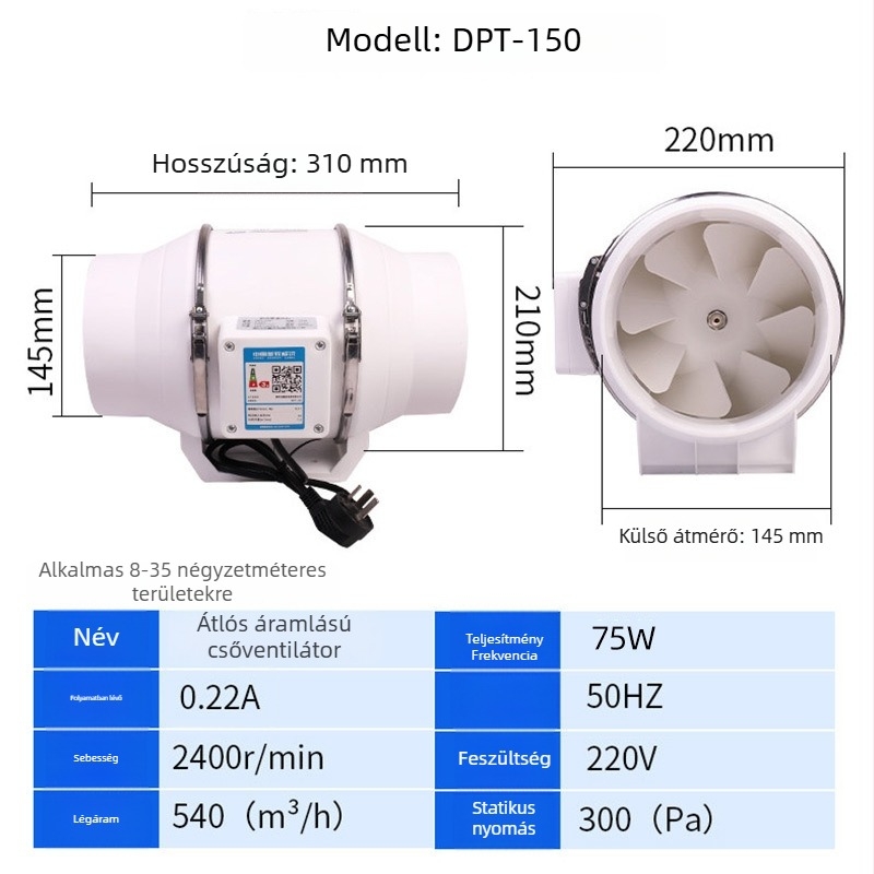 Csatornázott kipufogóventilátor – erős és csendes, háztartási konyhai szellőztetéshez,modell SL-100-1, 220V, 35–160W, csőnyomás típus
