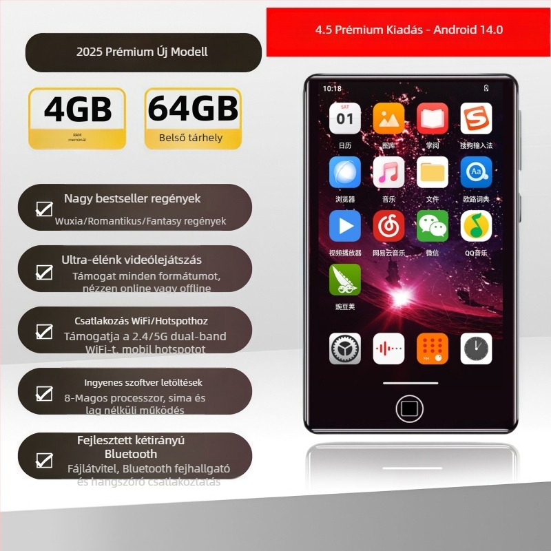 Android érintőképernyős zenelejátszó WiFivel, MP3/MP4/MP5 támogatás, TF-kártya, USB 2.0
