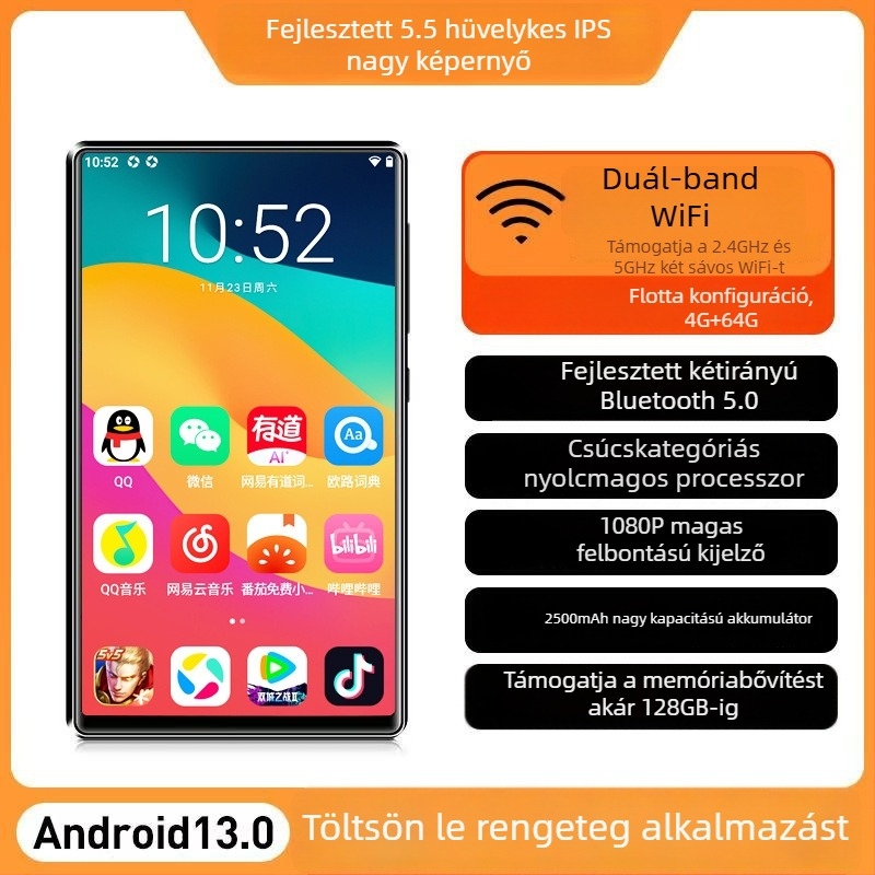 Android érintőképernyős zenelejátszó WiFivel, MP3/MP4/MP5 támogatás, TF-kártya, USB 2.0