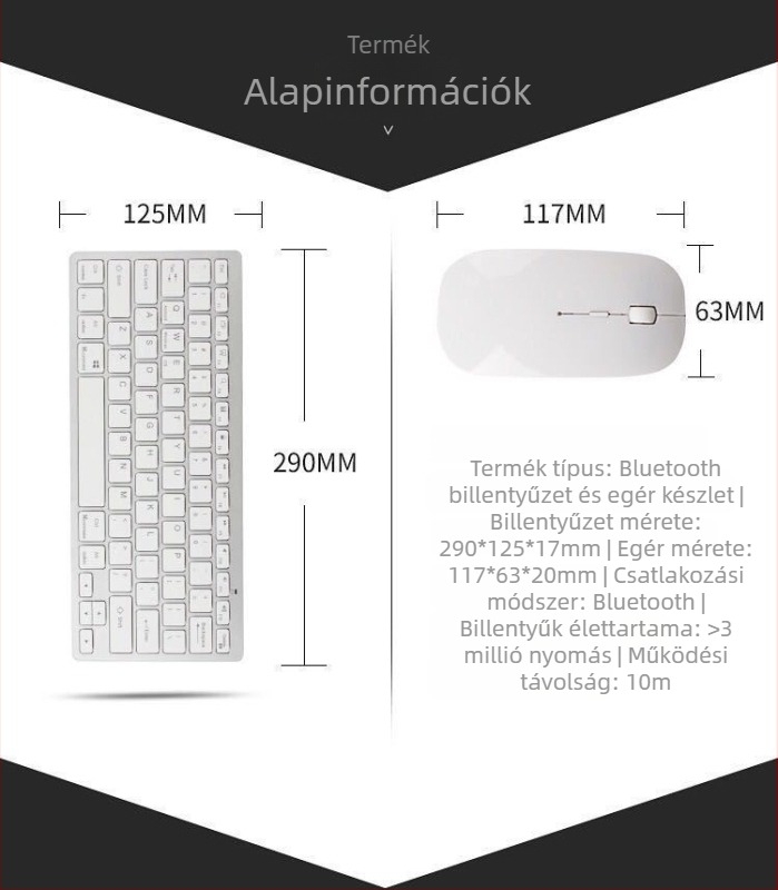 Ultra vékony vezeték nélküli mini billentyűzet és egér Bluetooth-képes, tabletával, telefonnal és PC-vel kompatibilis, ergonikus kialakítás, OEM-ready