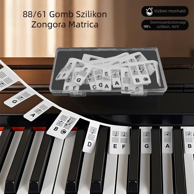 Kezdőknek szóló szilikon zongora matricák, 88 billentyűs klaviatúra hangsáv útmutató, kivágható, OPP zacskóban