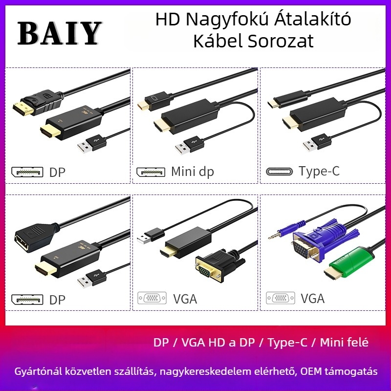 HDMI-től DP-ig és Type-C-hez átalakító kábel, patch kábel, rézmaggal, modell H147, egyfejű csatlakozó, adatátviteli sebesség 120
