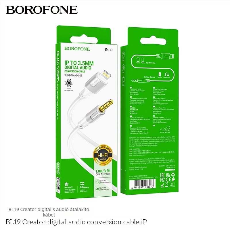 Borofone BL24 USB-C audio kábel, aranyozott, ónnal bevont réz vezetőmag, TPE külső, ROHS tanúsított
