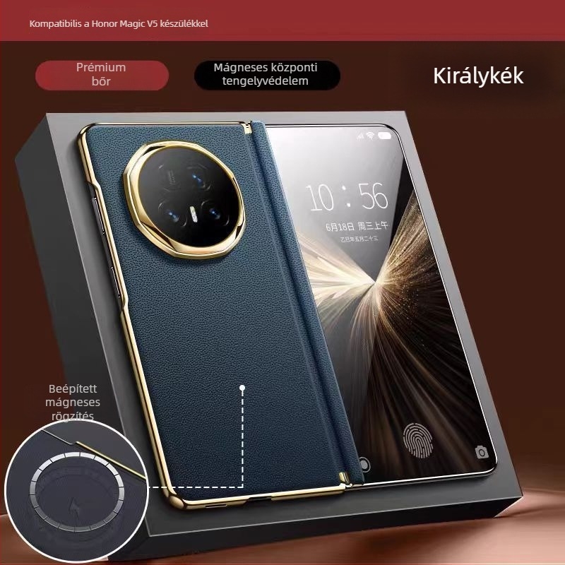 Honor MagicV5 telefonhoz készült ultra vékony bőrtok középső tengely védelemmel, hőelvezetés, ütésálló, üzleti minimalist stílus