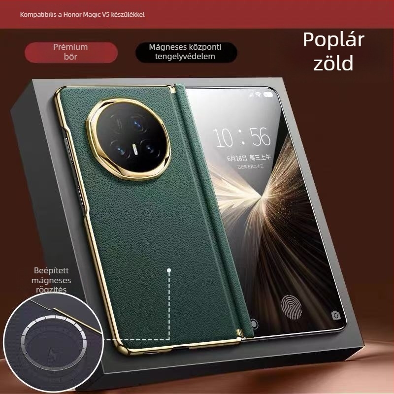 Honor MagicV5 telefonhoz készült ultra vékony bőrtok középső tengely védelemmel, hőelvezetés, ütésálló, üzleti minimalist stílus