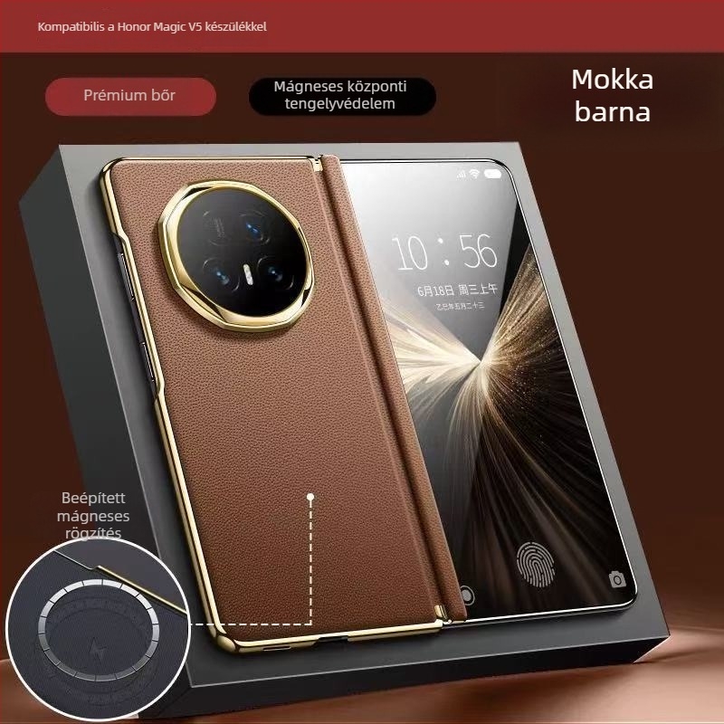 Honor MagicV5 telefonhoz készült ultra vékony bőrtok középső tengely védelemmel, hőelvezetés, ütésálló, üzleti minimalist stílus