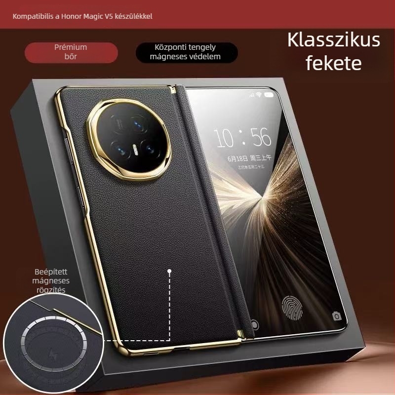 Honor MagicV5 telefonhoz készült ultra vékony bőrtok középső tengely védelemmel, hőelvezetés, ütésálló, üzleti minimalist stílus