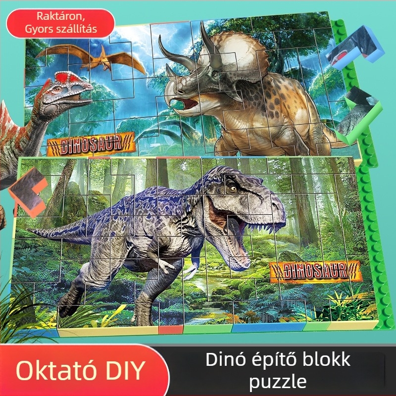 Dinoszaurusz 3D műanyag puzzle‑blokkok – DIY, 7–14 éveseknek