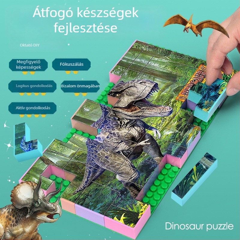 Dinoszaurusz 3D műanyag puzzle‑blokkok – DIY, 7–14 éveseknek