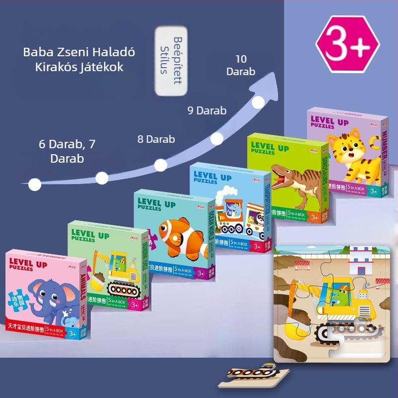 Kártyás puzzle: 5-10 állatos, dinoszaurusz és építő járművek kártyái; papír; 0-3 éveseknek; színes dobozos csomagolás.