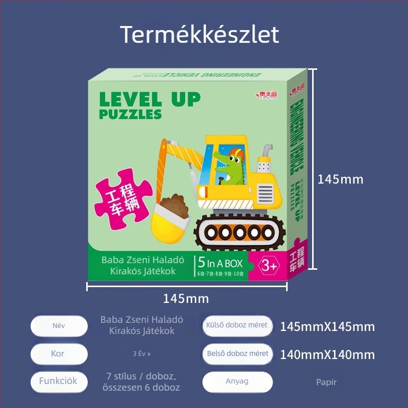 Kártyás puzzle: 5-10 állatos, dinoszaurusz és építő járművek kártyái; papír; 0-3 éveseknek; színes dobozos csomagolás.