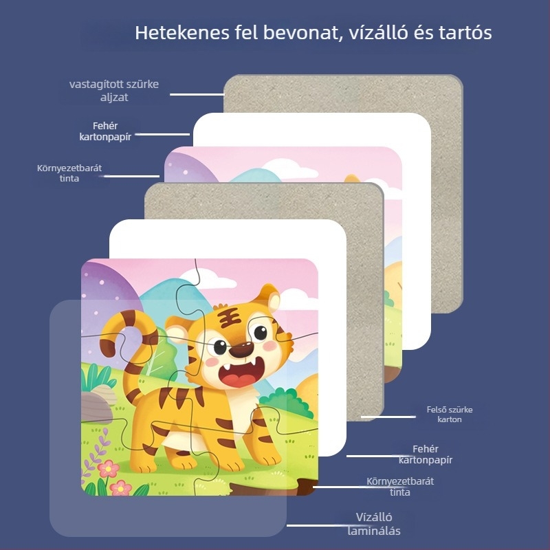 Kártyás puzzle: 5-10 állatos, dinoszaurusz és építő járművek kártyái; papír; 0-3 éveseknek; színes dobozos csomagolás.