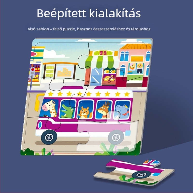 Kártyás puzzle: 5-10 állatos, dinoszaurusz és építő járművek kártyái; papír; 0-3 éveseknek; színes dobozos csomagolás.