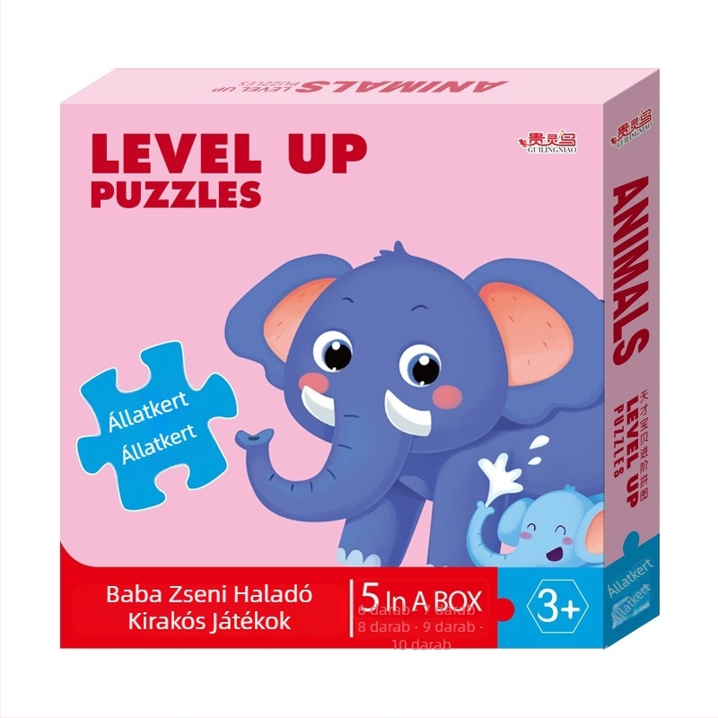 Kártyás puzzle: 5-10 állatos, dinoszaurusz és építő járművek kártyái; papír; 0-3 éveseknek; színes dobozos csomagolás.