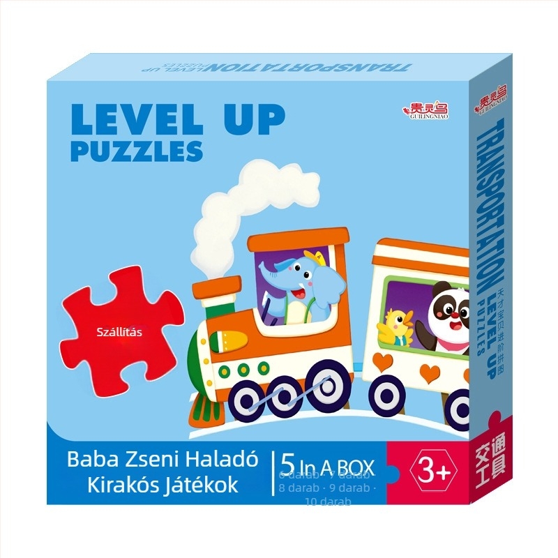 Kártyás puzzle: 5-10 állatos, dinoszaurusz és építő járművek kártyái; papír; 0-3 éveseknek; színes dobozos csomagolás.