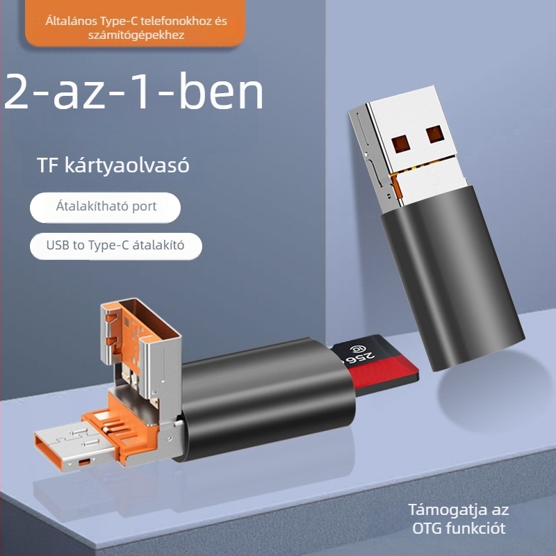 Kettő az egyben kártyaolvasó USB 2.0, TF kártya támogatás, fém ház, mobilokra és számítógépekre