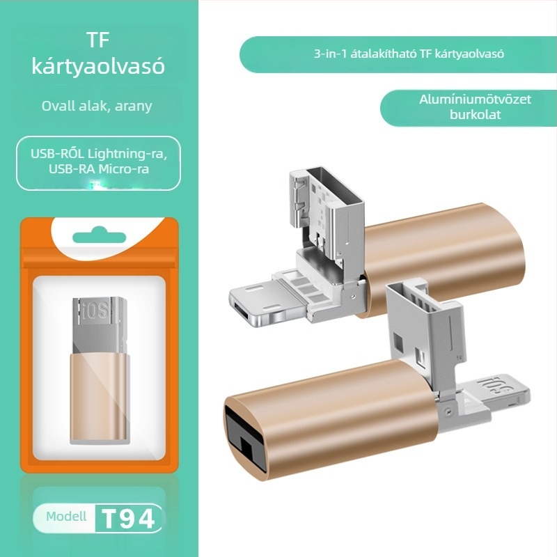 Kettő az egyben kártyaolvasó USB 2.0, TF kártya támogatás, fém ház, mobilokra és számítógépekre