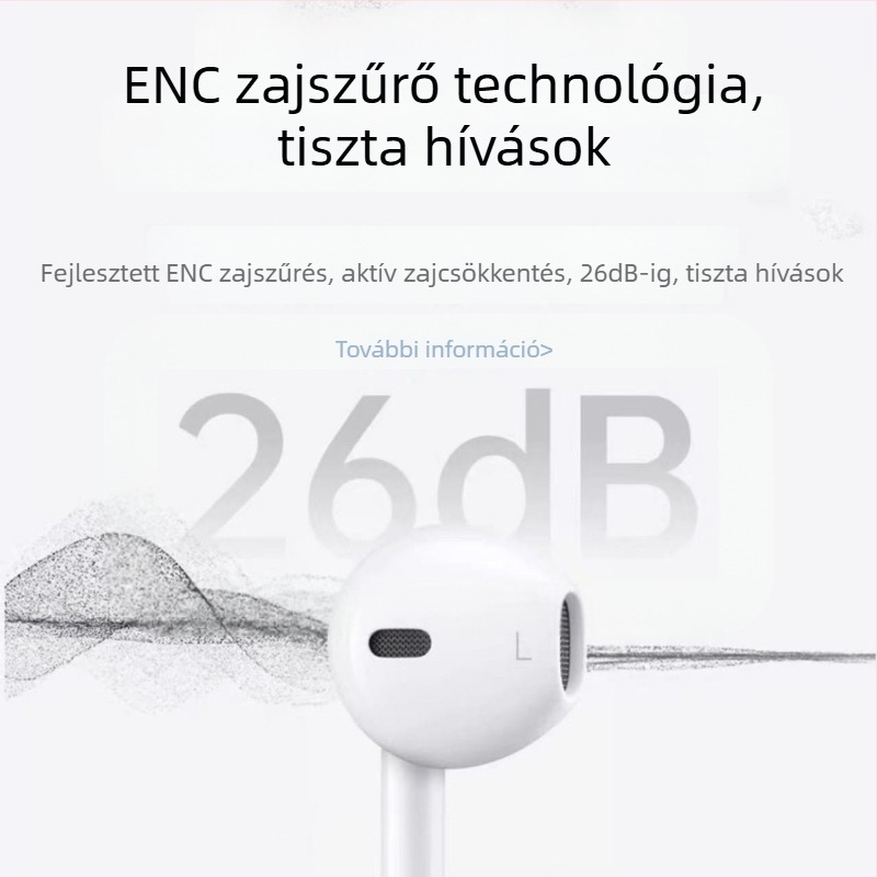 Type-C csatlakozású vezetékes fülbe helyezhető fejhallgató, mozgó tekercs meghajtó, 1,2 m kábel, 110 dB érzékenység