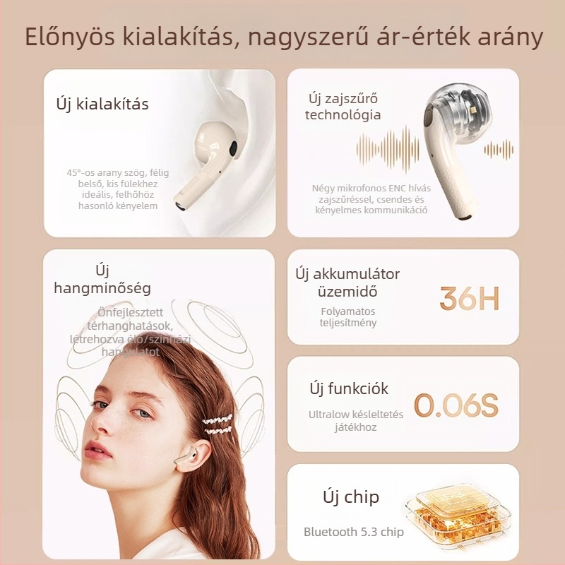 In-ear vezeték nélküli fejhallgató Bluetooth 5.0-val, 10 m hatótávolság, 4–8 órás üzemidő, 360° térhangzás