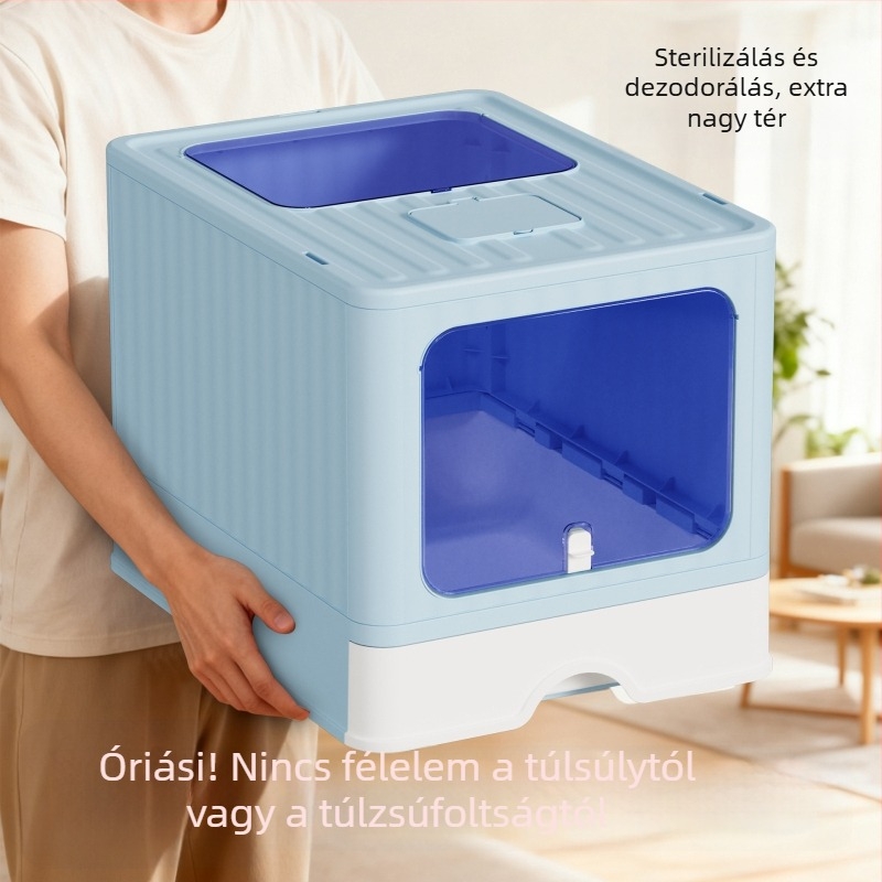 Teljesen zárt, nagy macskaalomtál, kihúzható fiókkal, dezodorizáló, fröccsenés elleni kialakítás