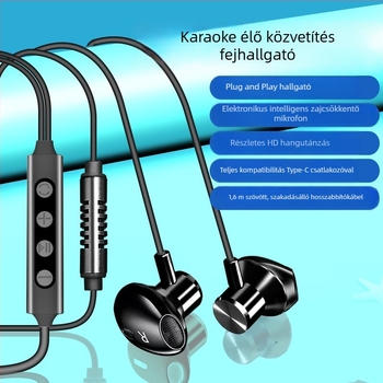 Karoke fejhallgató beépített hangkártyával és mikrofonnal, Type-C csatlakozó, 14,2 mm hangszórók, 1,6 m kábel, vezetékes
