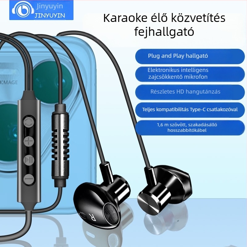 Karoke fejhallgató beépített hangkártyával és mikrofonnal, Type-C csatlakozó, 14,2 mm hangszórók, 1,6 m kábel, vezetékes