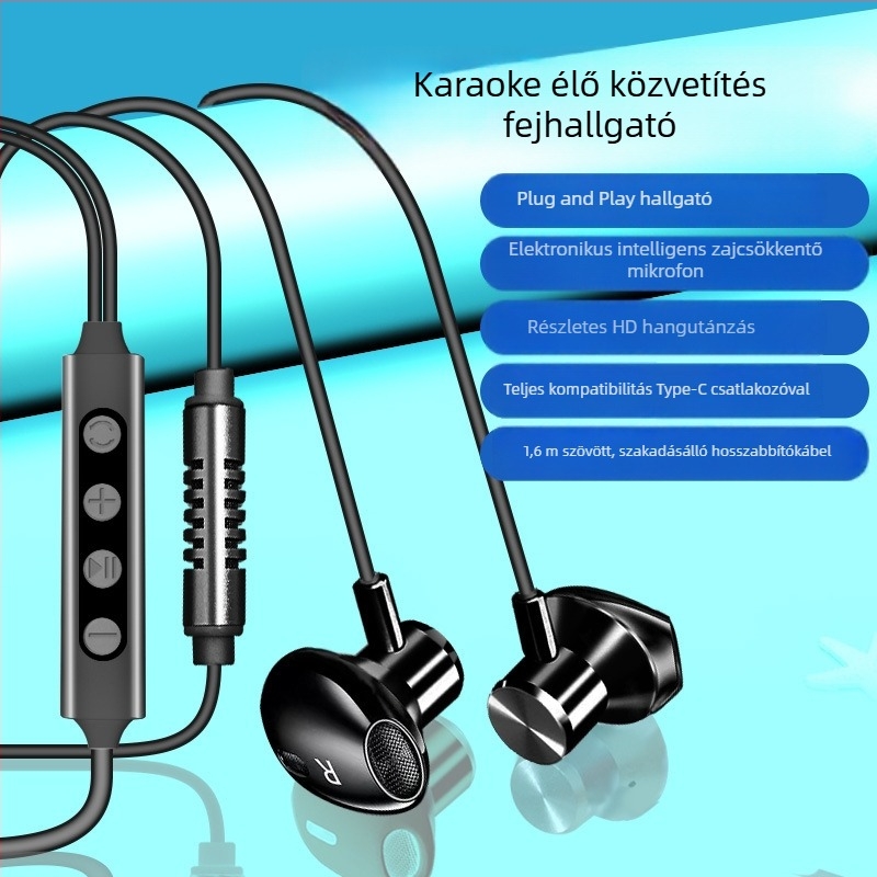Karoke fejhallgató beépített hangkártyával és mikrofonnal, Type-C csatlakozó, 14,2 mm hangszórók, 1,6 m kábel, vezetékes