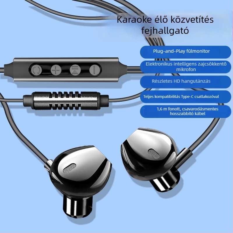 Karoke fejhallgató beépített hangkártyával és mikrofonnal, Type-C csatlakozó, 14,2 mm hangszórók, 1,6 m kábel, vezetékes