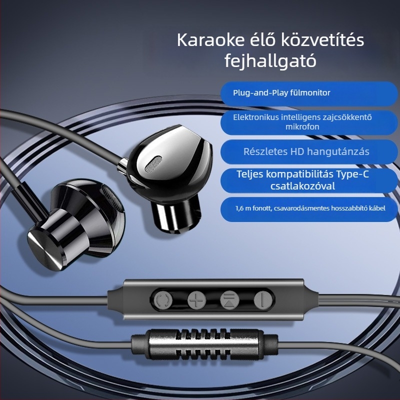 Karoke fejhallgató beépített hangkártyával és mikrofonnal, Type-C csatlakozó, 14,2 mm hangszórók, 1,6 m kábel, vezetékes