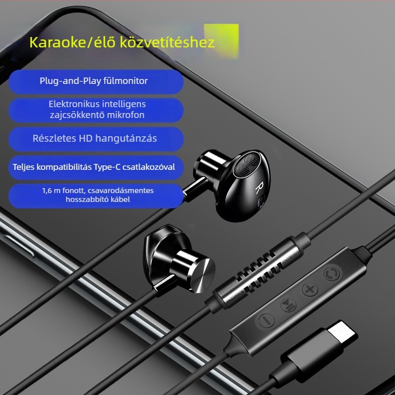 Karoke fejhallgató beépített hangkártyával és mikrofonnal, Type-C csatlakozó, 14,2 mm hangszórók, 1,6 m kábel, vezetékes
