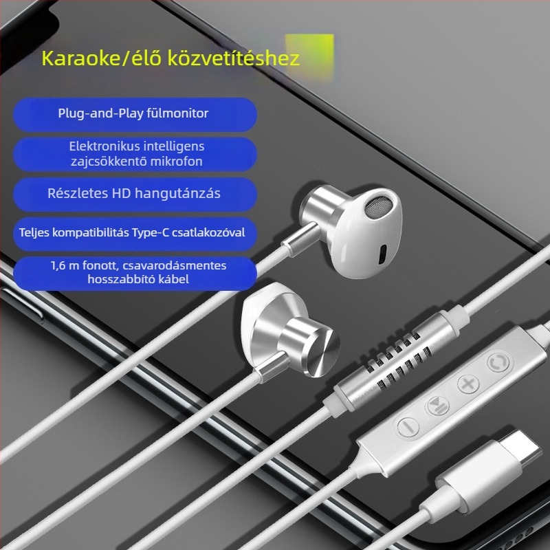 Karoke fejhallgató beépített hangkártyával és mikrofonnal, Type-C csatlakozó, 14,2 mm hangszórók, 1,6 m kábel, vezetékes