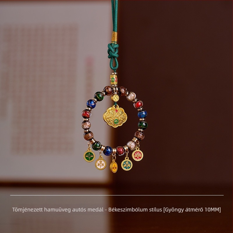 Kézzel készített autófüggő üvegből készült öt vagyon istenével, Thangka aranyozott medállal, tibeti vintage stílusban