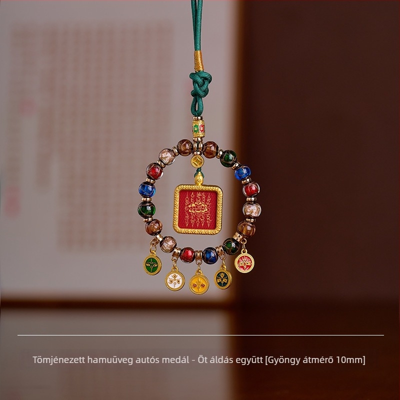 Kézzel készített autófüggő üvegből készült öt vagyon istenével, Thangka aranyozott medállal, tibeti vintage stílusban