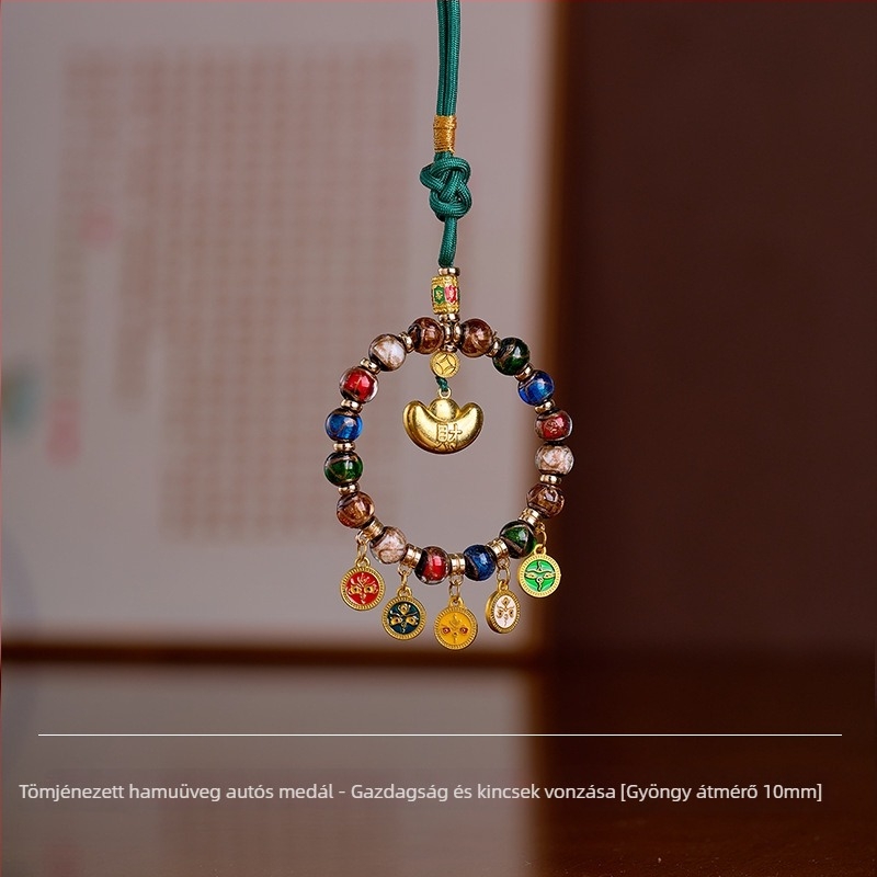 Kézzel készített autófüggő üvegből készült öt vagyon istenével, Thangka aranyozott medállal, tibeti vintage stílusban