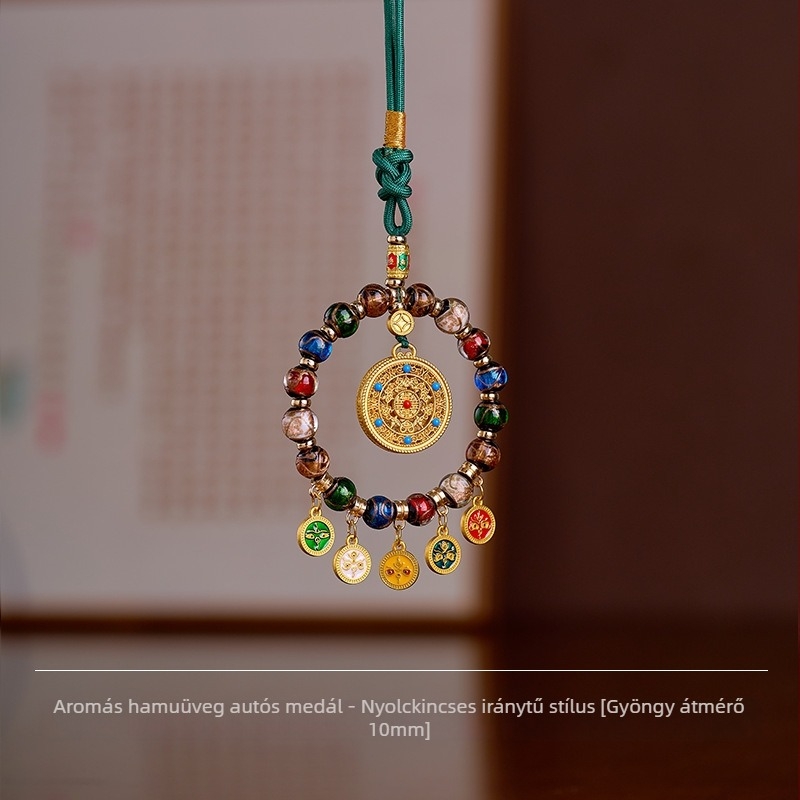 Kézzel készített autófüggő üvegből készült öt vagyon istenével, Thangka aranyozott medállal, tibeti vintage stílusban