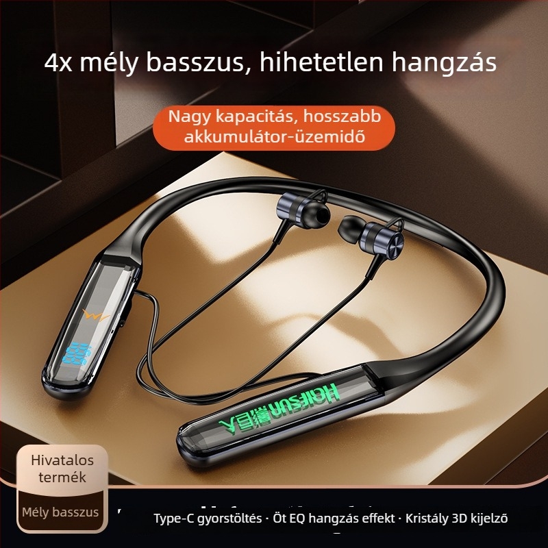 Nyakba akasztható vezeték nélküli Bluetooth fejhallgató digitális kijelzővel, Bluetooth 5.4, 10 m hatótávolság, sztereó, 8+ óra üzemidő